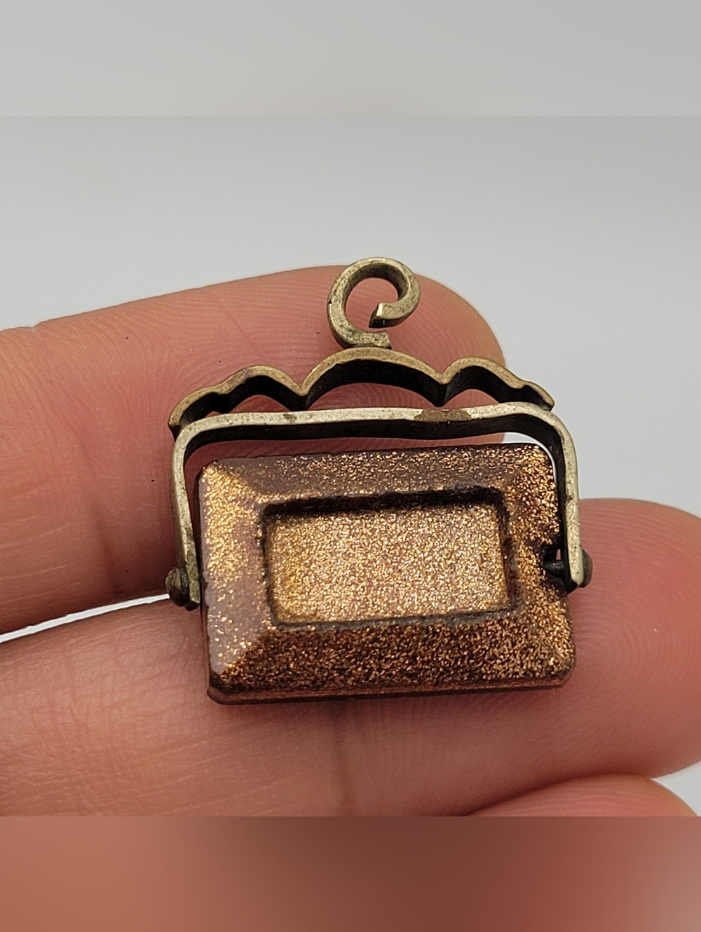Antique Victorian Goldstone Glass Watch Fob Seal Swivel Brass Scalloped Frame